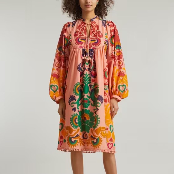 Nwt Farm Rio Peach Amulet Midi-Dress Women’s Medium Lace-Trim Cotton Tropical